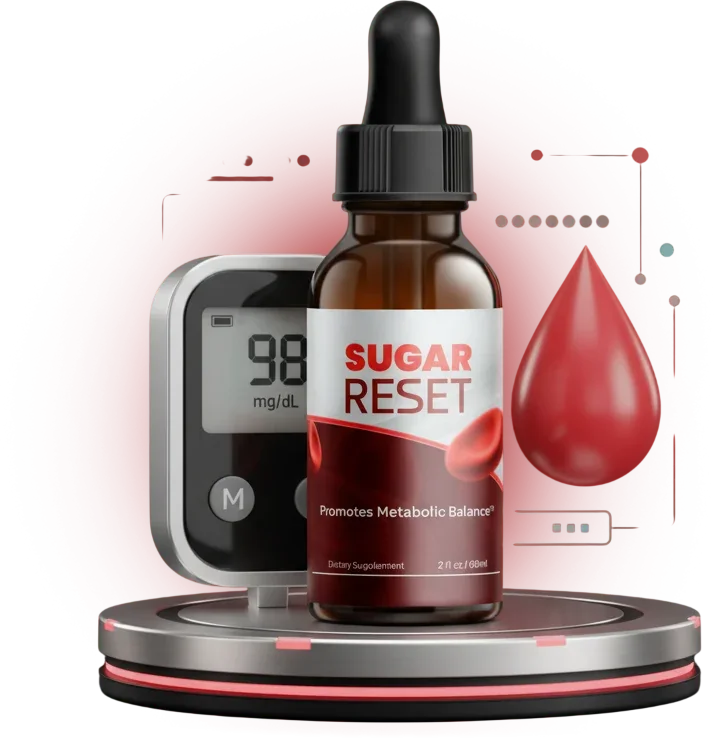 Sugar Reset dropper bottle on a glowing display stand